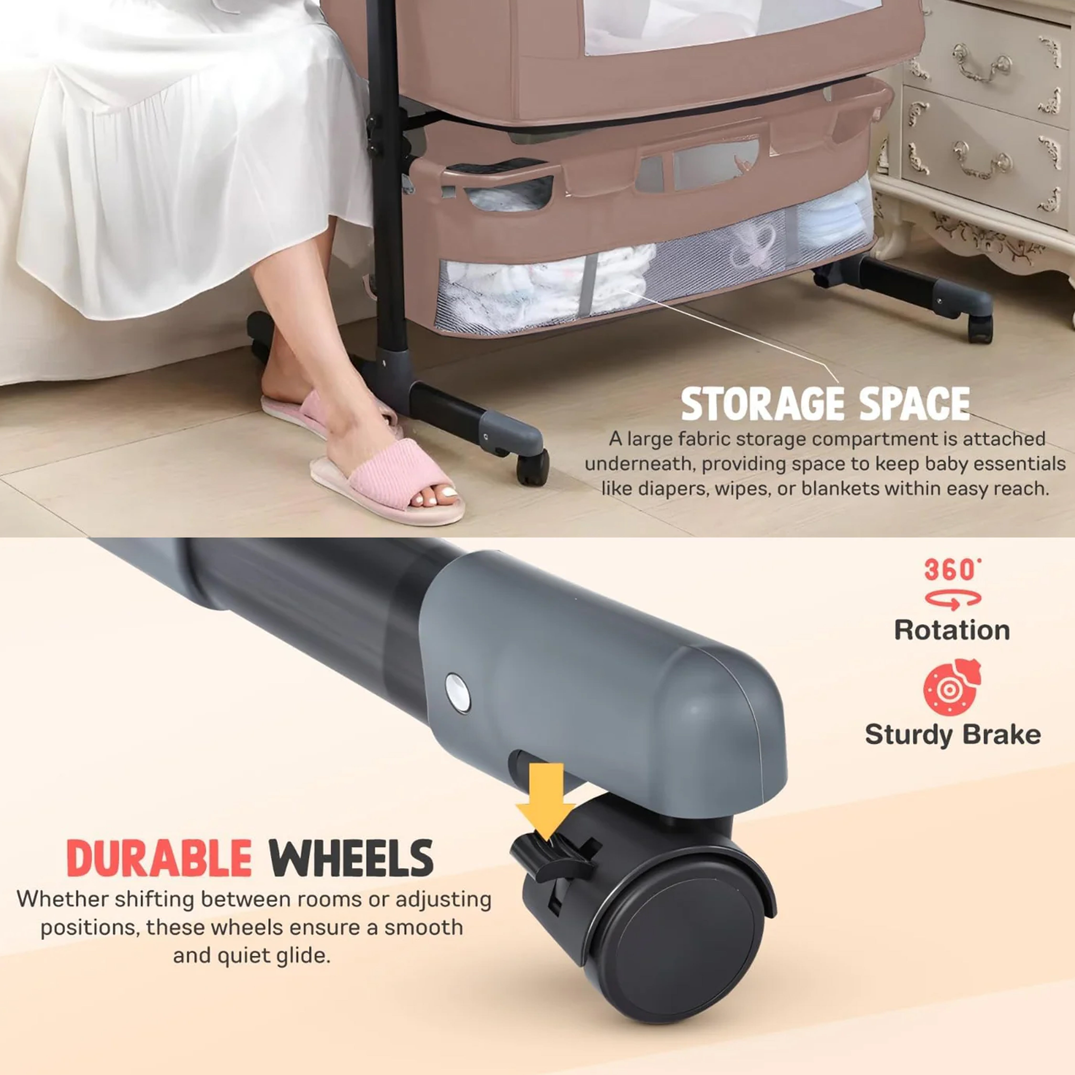 Baby Bedside Crib with 2 Height Adjustable Bed Cot