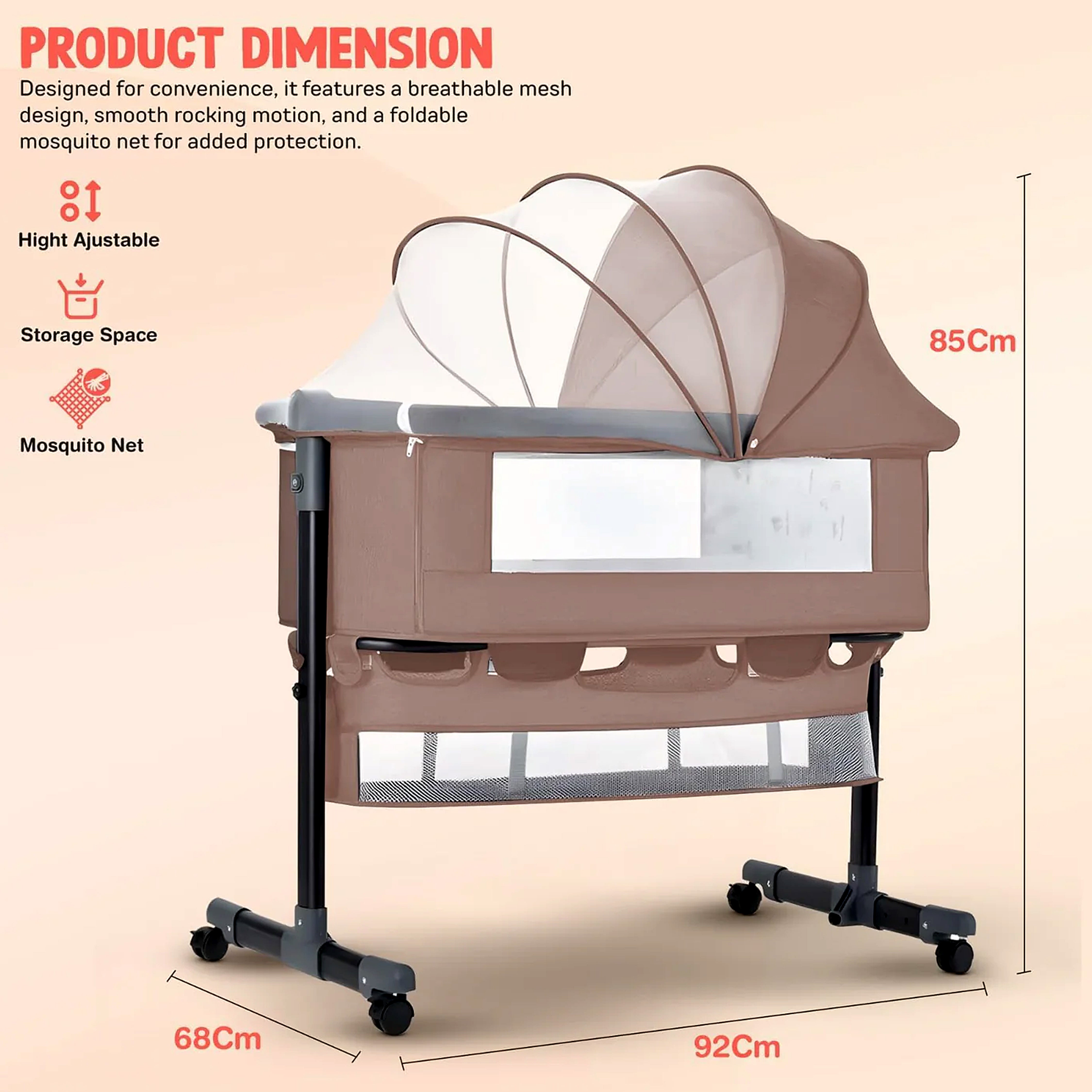 Baby Bedside Crib with 2 Height Adjustable Bed Cot