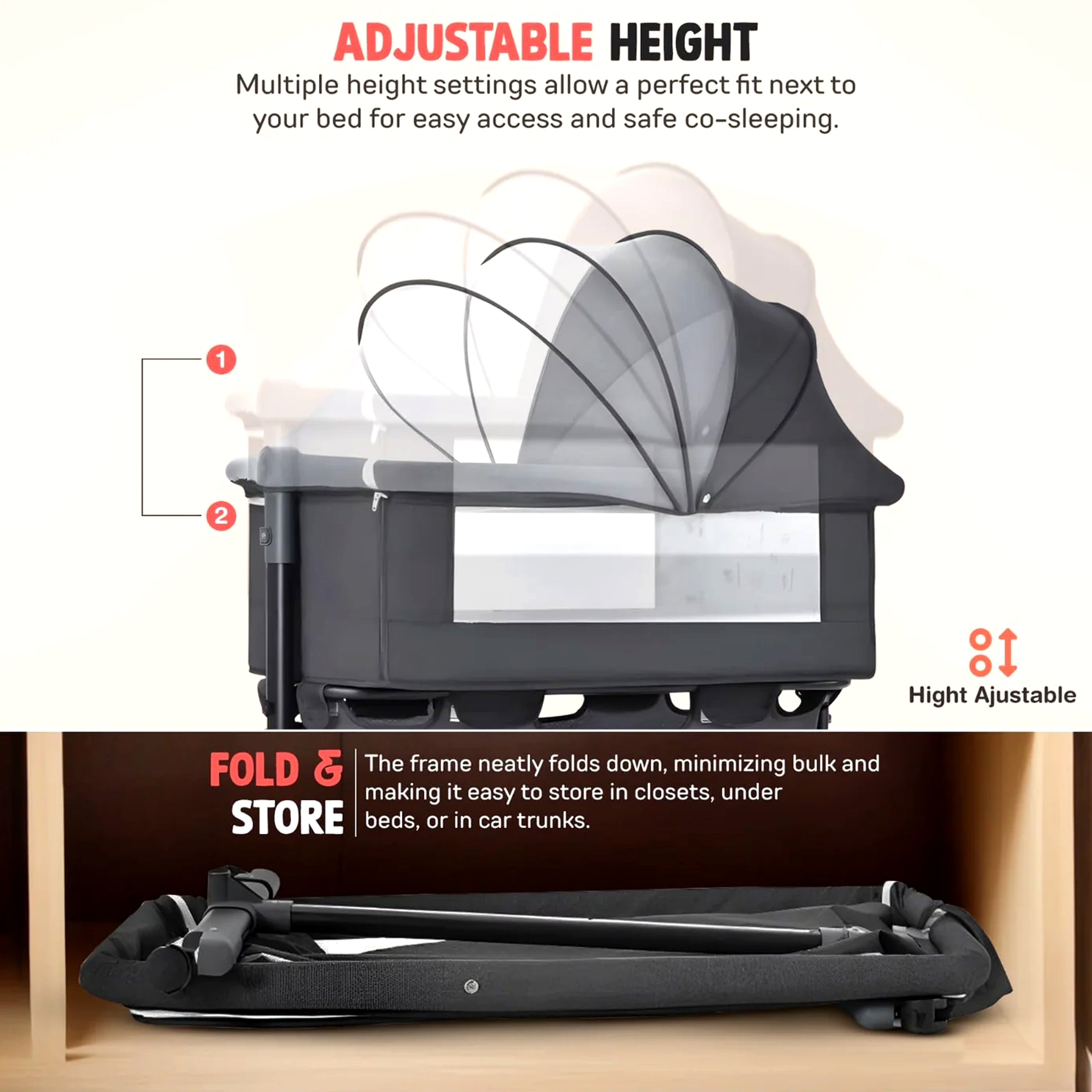 Baby Bedside Crib with 2 Height Adjustable Bed Cot