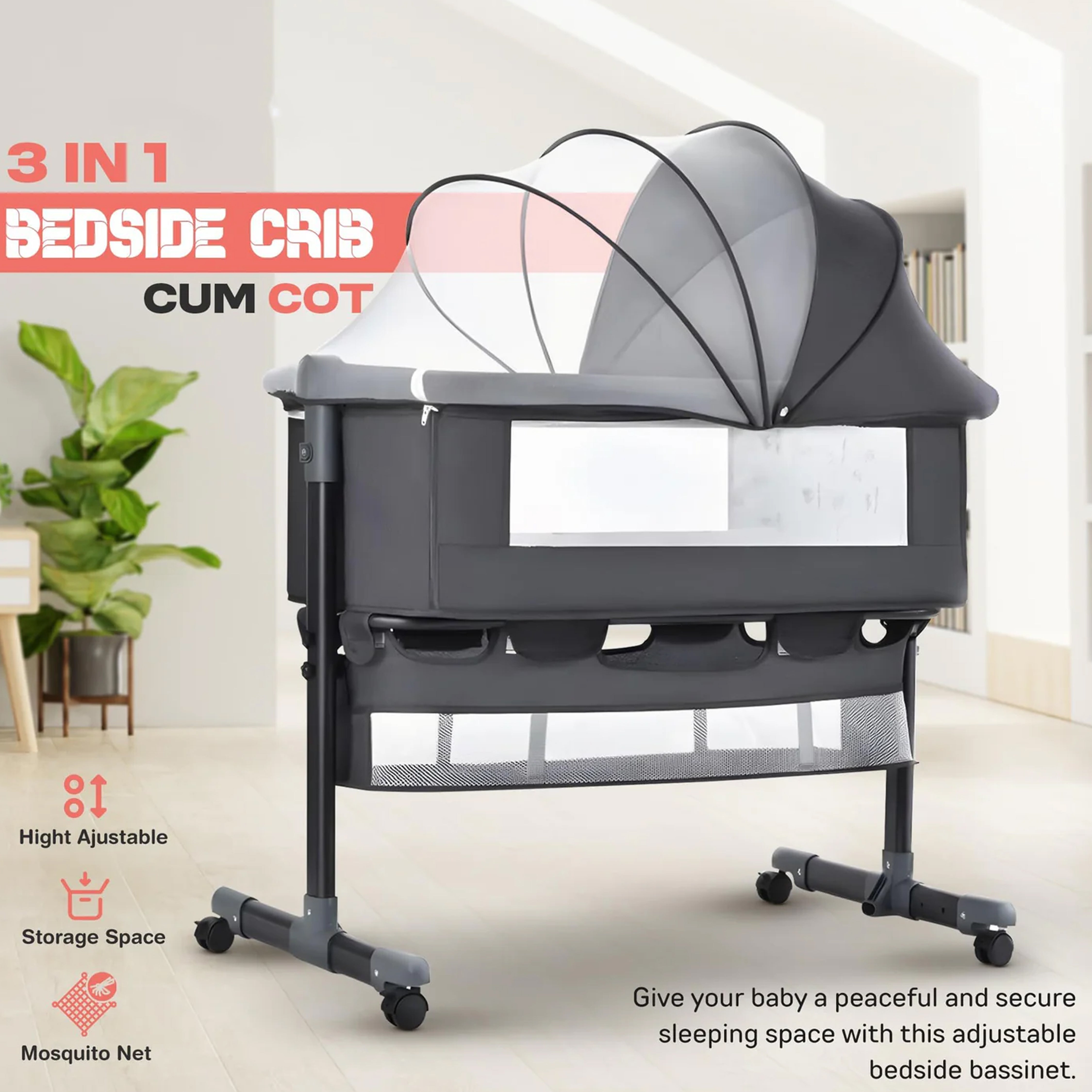 Baby Bedside Crib with 2 Height Adjustable Bed Cot