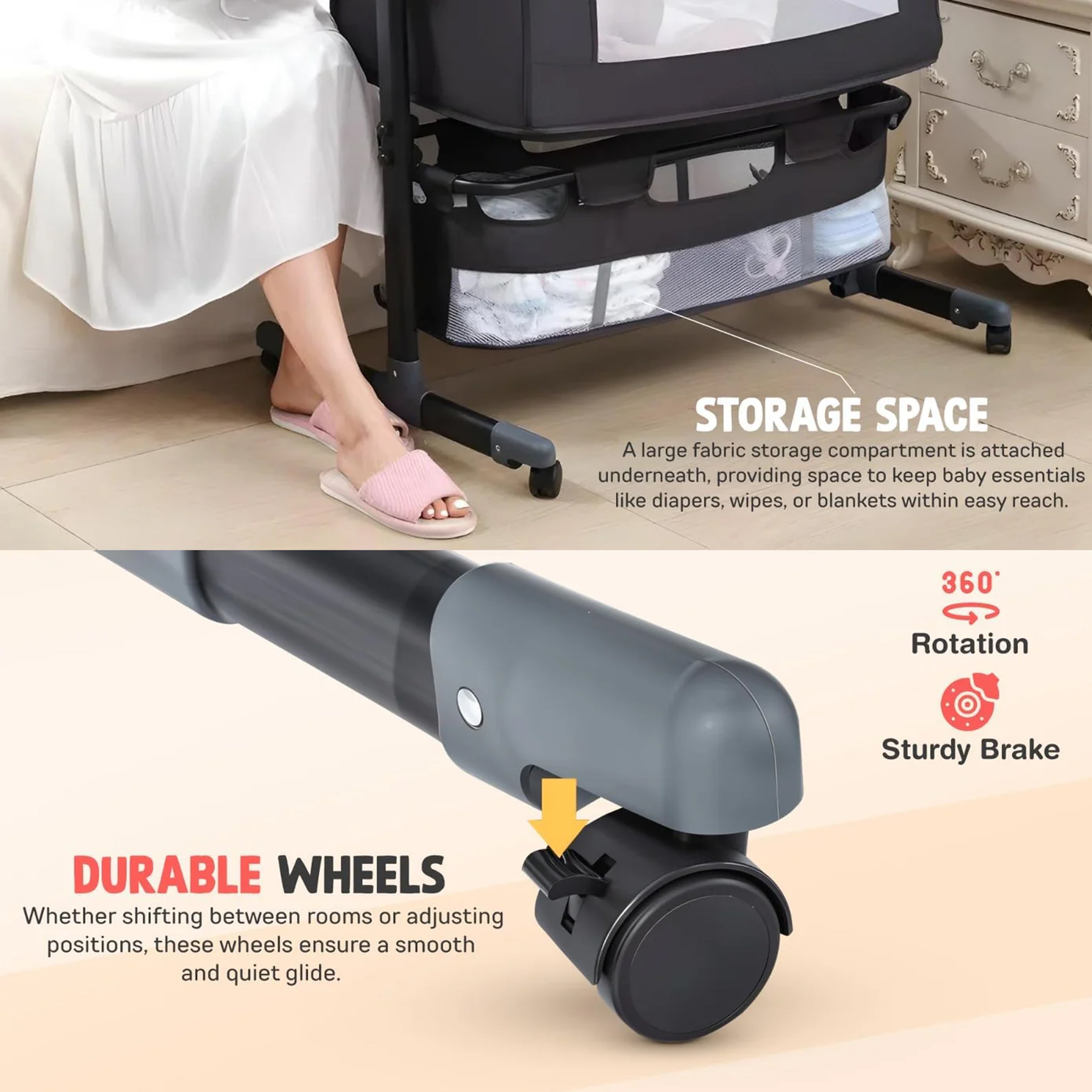 Baby Bedside Crib with 2 Height Adjustable Bed Cot