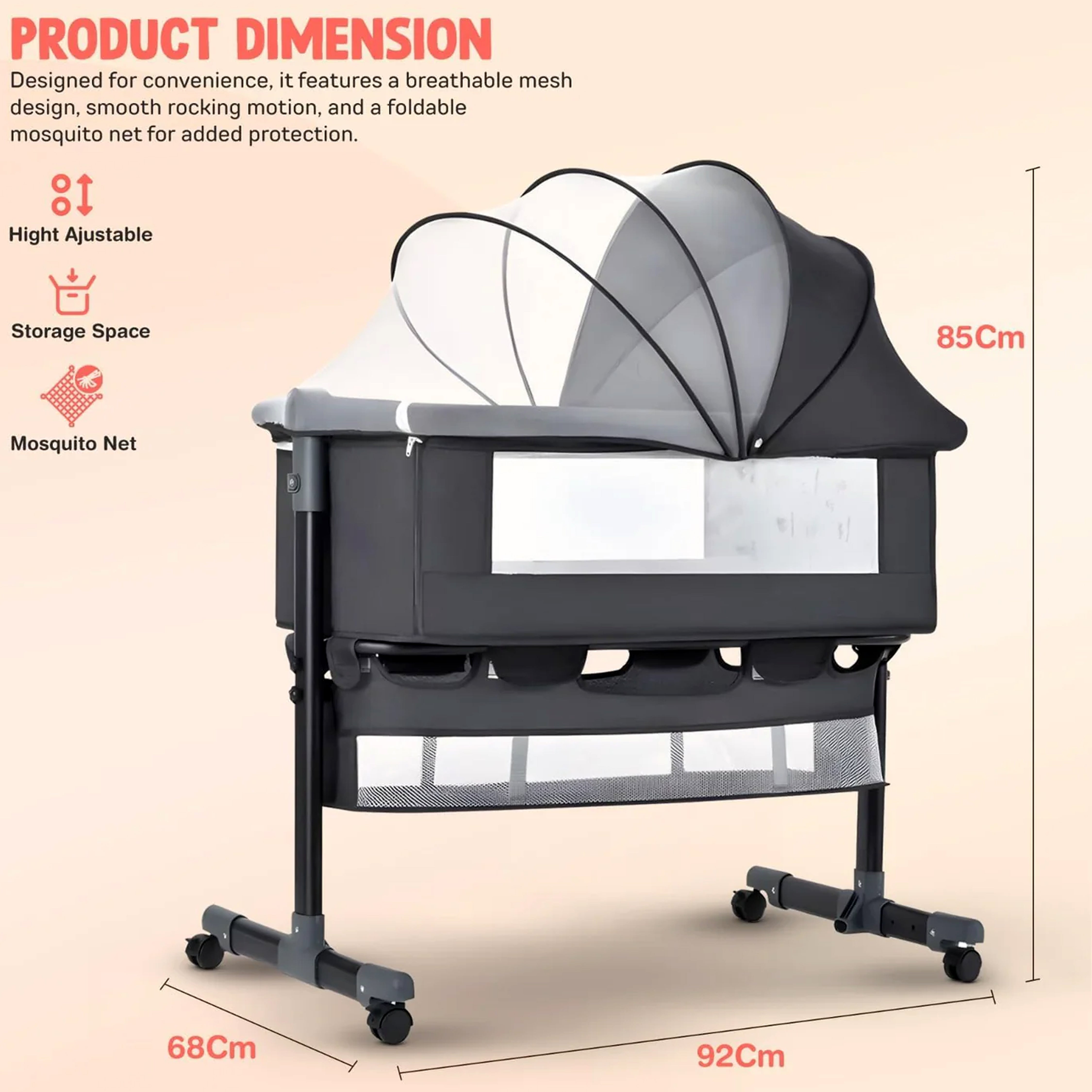 Baby Bedside Crib with 2 Height Adjustable Bed Cot