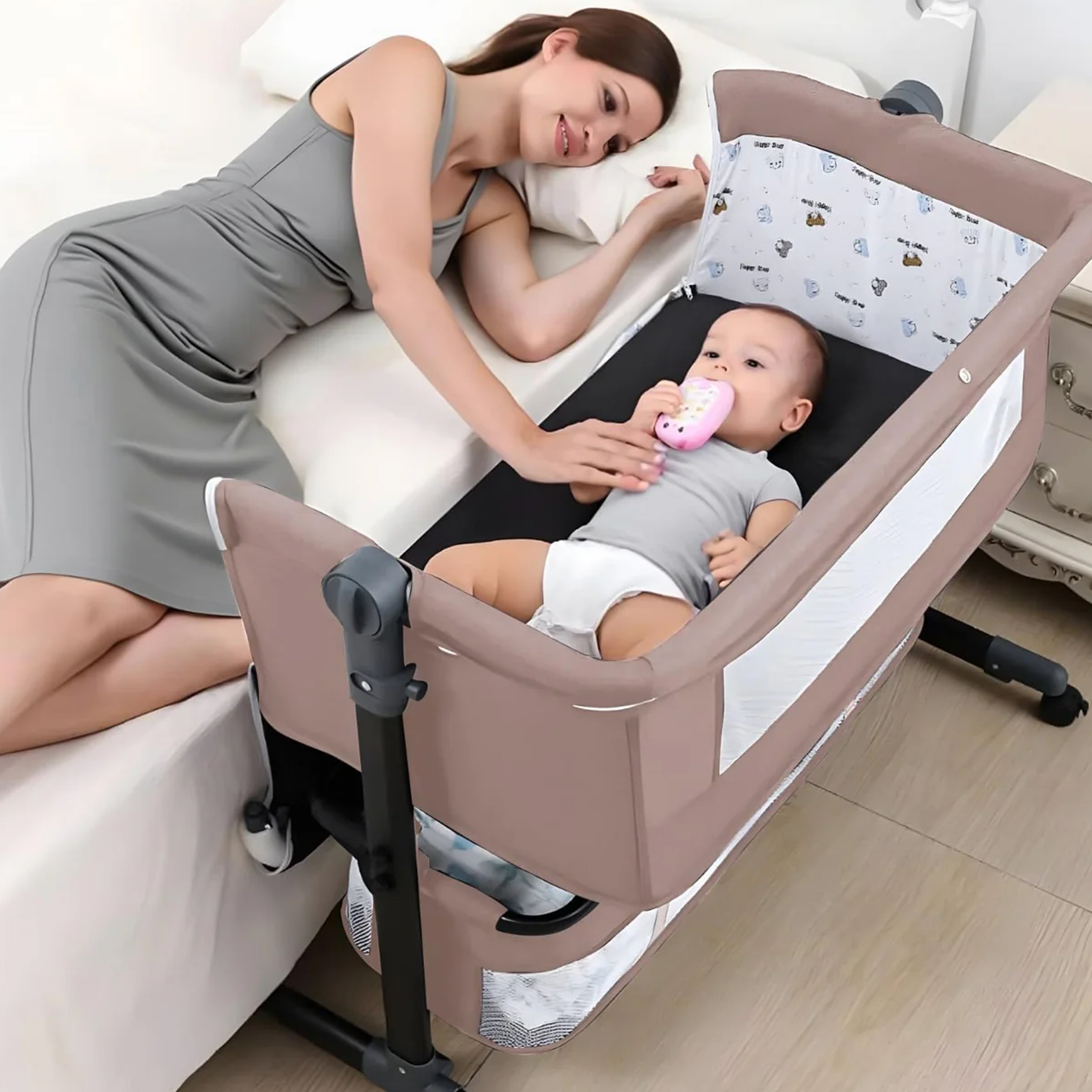 Baby Bedside Crib with 2 Height Adjustable Bed Cot
